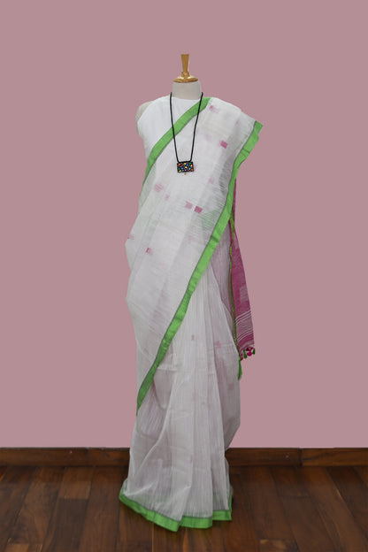 White Saree- Green Slim Border -Pink Pallu | simmpli ethnicc