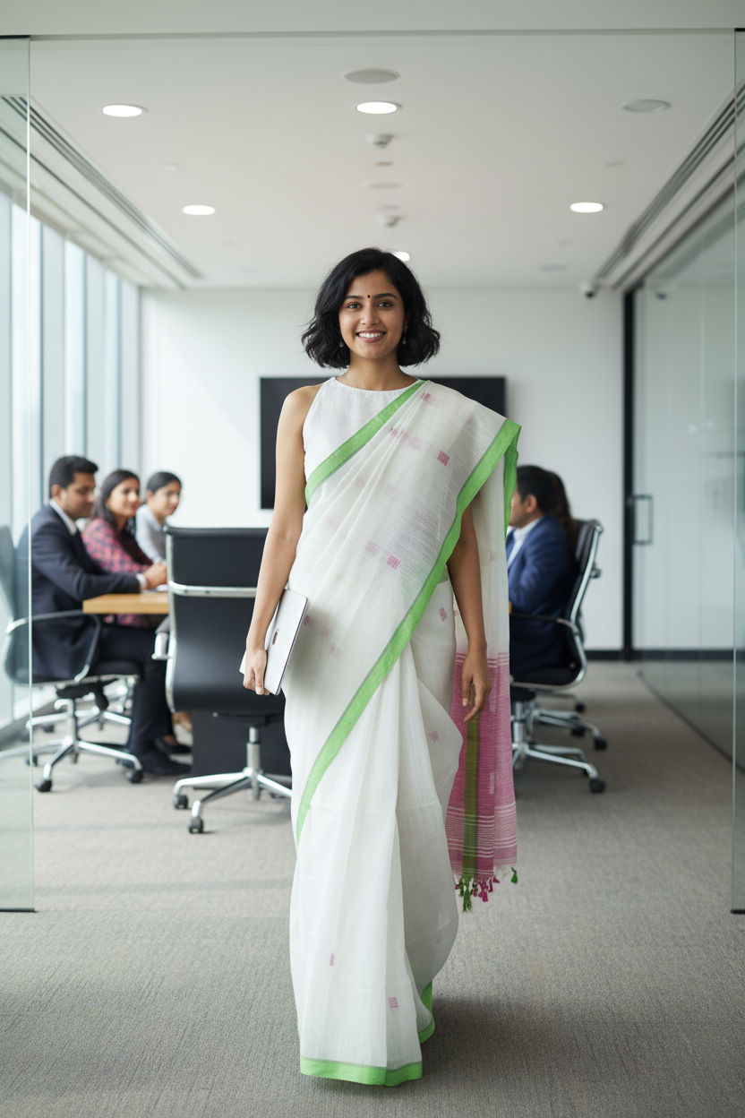 HANDLOOM COTTON SAREE-WHITE-GREEN SLIM BORDER-PINK PALLU-HANDLOOM SAREE COLLECTION | simmpli ethnicc