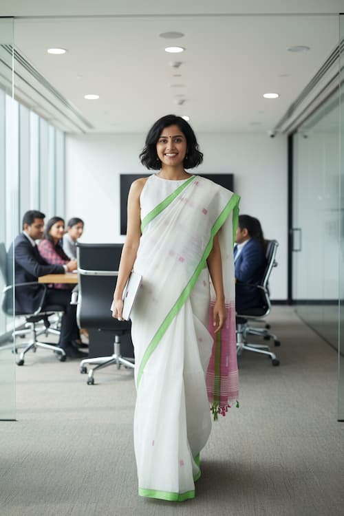 Handloom Cotton saree-White-Green Border-Pink Pallu