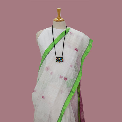 White Saree- Green Slim Border -Pink Pallu | simmpli ethnicc