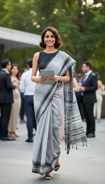KHADI COTTON SAREE-OFF WHITE & BLACK HANDWOVEN-KHADI  SAREE COLLECTION | simmpli ethnicc