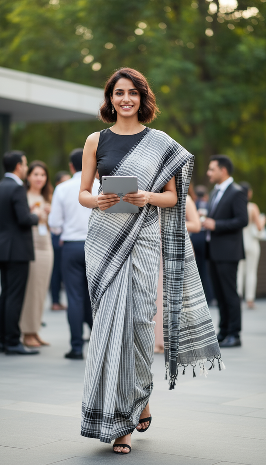 KHADI COTTON SAREE-OFF WHITE & BLACK HANDWOVEN-KHADI  SAREE COLLECTION | simmpli ethnicc