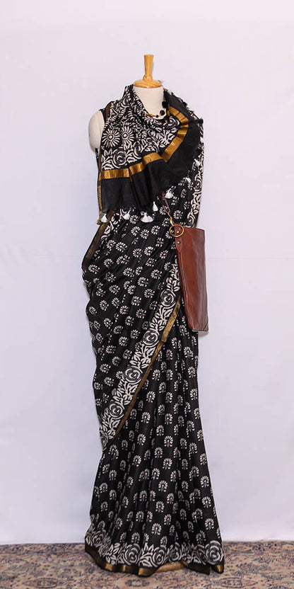 Black Block Printed Chanderi Cotton Saree | simmpli ethnicc