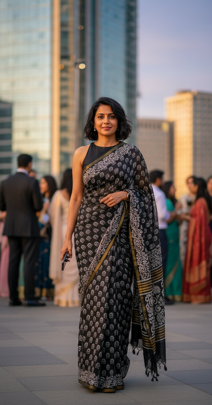 CHANDERI COTTON SAREE-BLACK BLOCK-PRINTED-CHANDERI SAREE COLLECTION | simmpli ethnicc