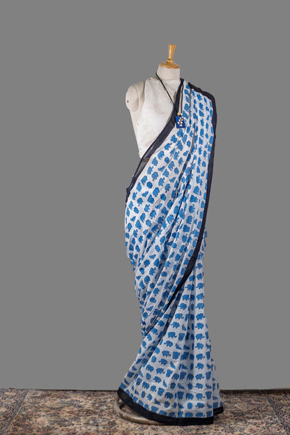 White/ Blue Elephant Print Cotton saree | simmpli ethnicc