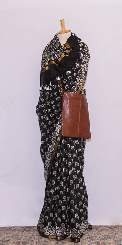 Black Block Printed Chanderi Cotton Saree | simmpli ethnicc