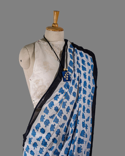 White/ Blue Elephant Print Cotton saree | simmpli ethnicc