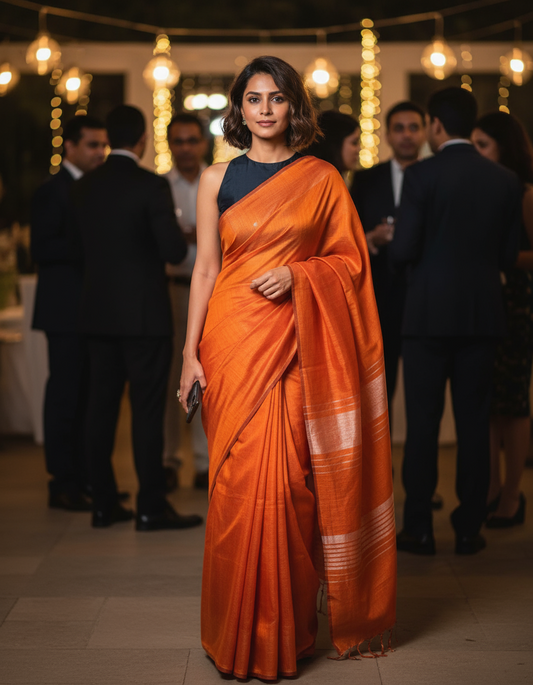 MUSLIN COTTON SAREE-BURNT RED- HANDLOOM SAREE COLLECTION | simmpli ethnicc