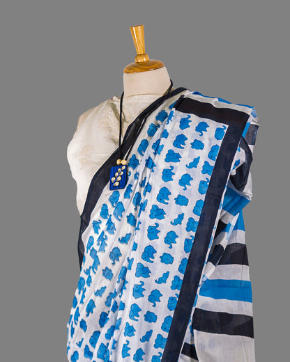White/ Blue Elephant Print Cotton saree | simmpli ethnicc