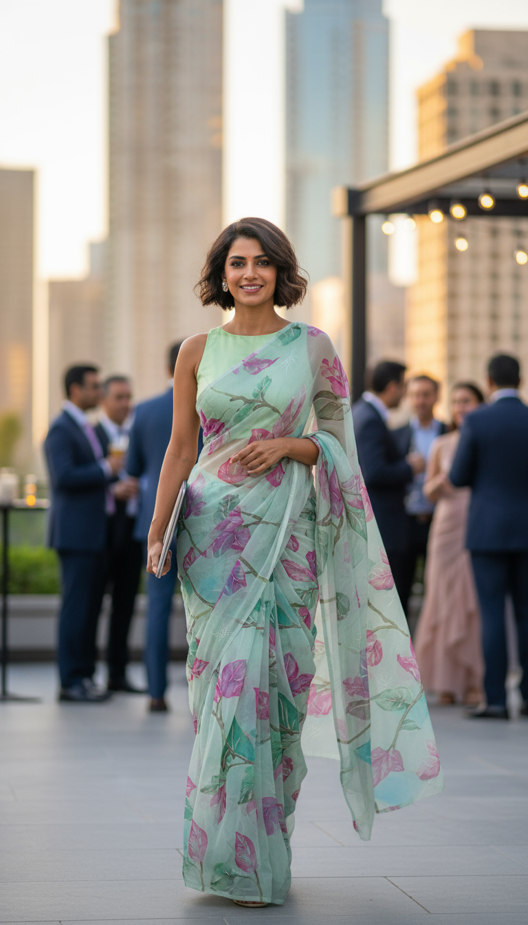 SEMI-CHIFFON-AQUA GREEN- FLORAL PRINT SAREE-PRINTED SAREE COLLECTION | simmpli ethnicc