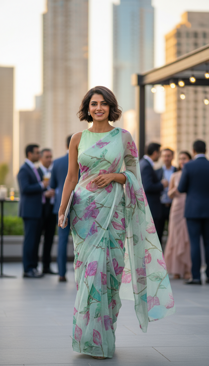 SEMI-CHIFFON-AQUA GREEN- FLORAL PRINT SAREE-PRINTED SAREE COLLECTION | simmpli ethnicc