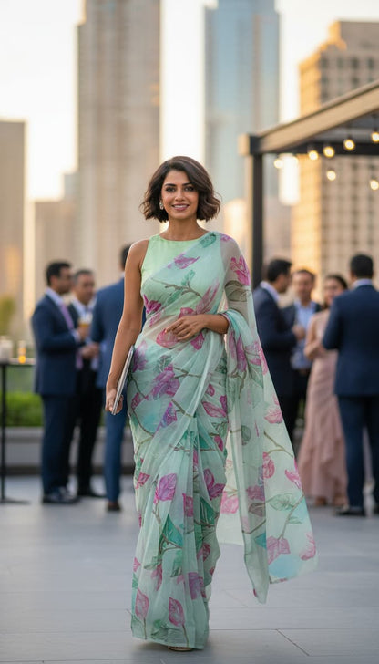 Semi Chiffon Saree-Aqua Green- Floral Print