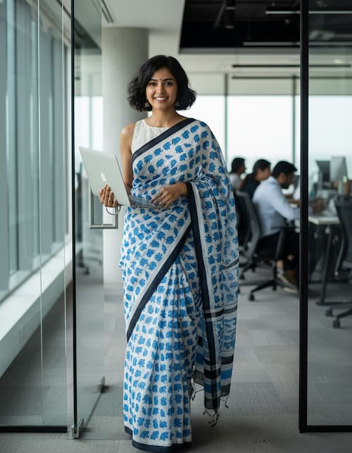 Mul Cotton Saree- White-Blue Elephant Print