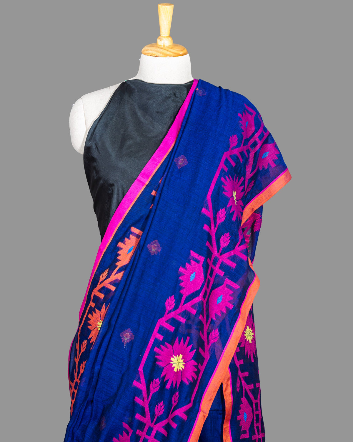 Handloom Cotton Saree-Navy Blue-Deep Pink Woven Border