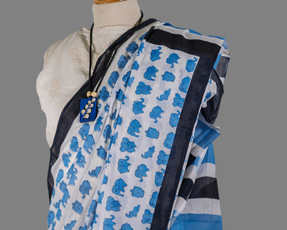 White/ Blue Elephant Print Cotton saree | simmpli ethnicc
