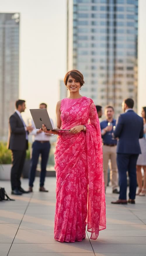 Semi Chiffon saree-Fuchsia Pink-Floral Print