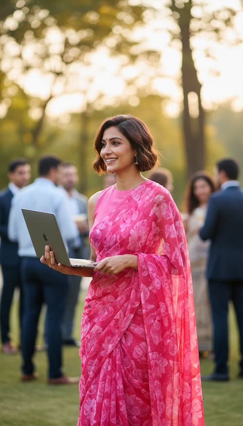 Semi Chiffon saree-Fuchsia Pink-Floral Print