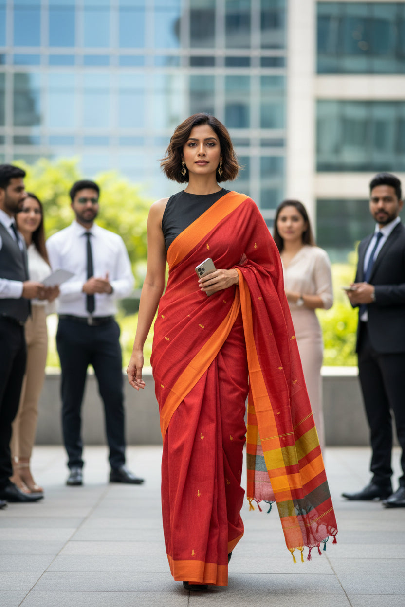 MUSLIN COTTON SAREE-MAROON RED- HANDLOOM SAREE COLLECTION | simmpli ethnicc