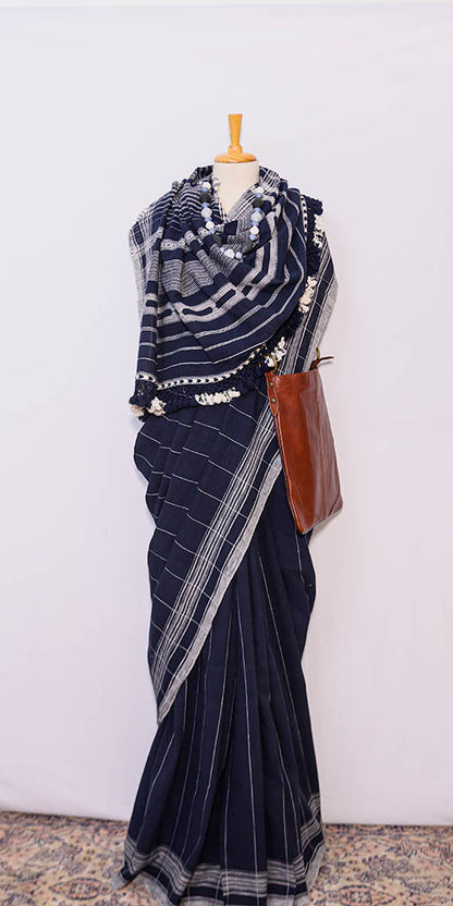 Navy Blue Handwoven Khadi cotton Saree| simmpli ethnicc