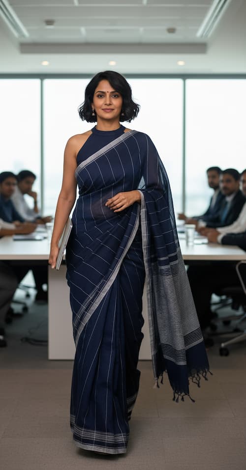 Khadi Cotton Saree-Navy Blue-Handwoven