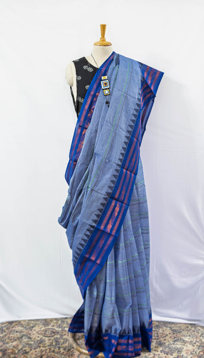 Blue/ Royal Blue Border Handloom Cotton Saree