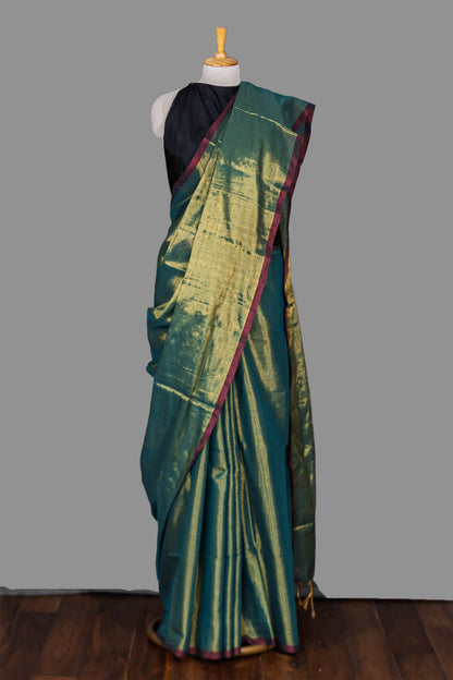 HANDLOOM COTTON TISSUE SAREEE-DARK OLIVE GREEN-SHIMMER-HANDLOOM SAREE COLLECTION | simmpli ethnicc
