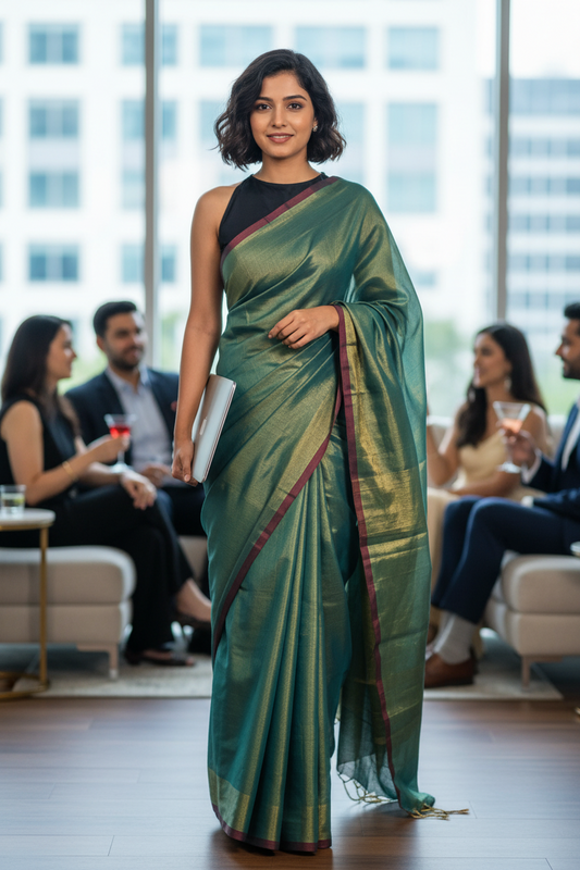 HANDLOOM COTTON TISSUE SAREEE-DARK OLIVE GREEN-SHIMMER-HANDLOOM SAREE COLLECTION | simmpli ethnicc