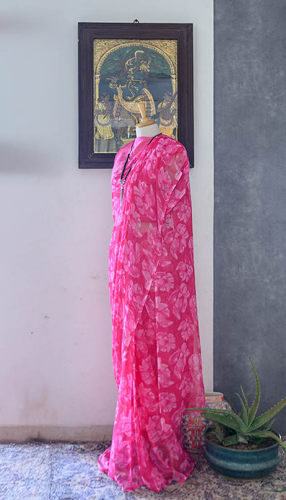 Semi-Chiffon Fuchia Pink Floral Print Saree | simmpli ethnicc