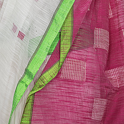 White Saree- Green Slim Border -Pink Pallu | simmpli ethnicc