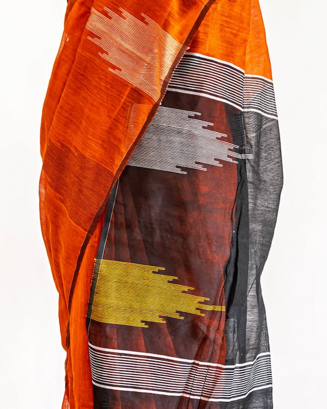 Muslin Cotton Saree-Burnt Red-Black Pallu
