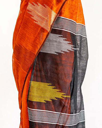 Muslin Cotton Saree-Burnt Red-Black Pallu