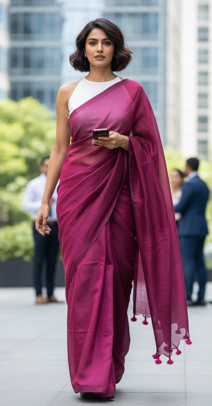 HANDLOOM COTTON SAREE-PLUM PLAIN-HANDLOOM SAREE COLLECTION | simmpli ethnicc