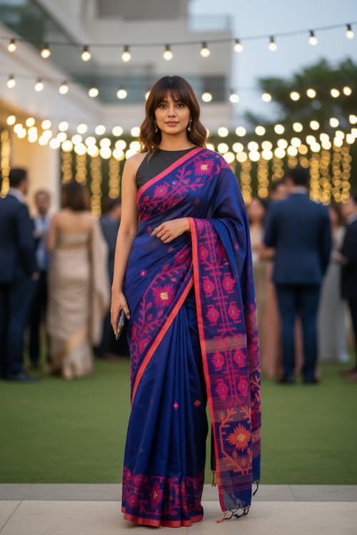 Handloom Cotton Saree-Navy Blue-Deep Pink Woven Border