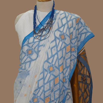 White Handloom Saree-Blue zaal Border-Mustard  Pallu 