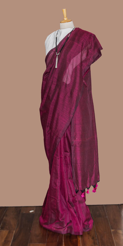 Plum Color Cotton Plain Saree with Tassel | simmpli ethnicc