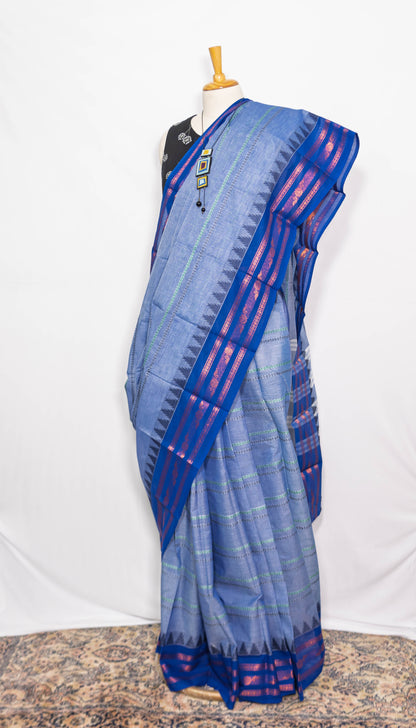 Blue/ Royal Blue Border Handloom Cotton Saree