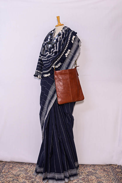 Navy Blue Handwoven Khadi cotton Saree| simmpli ethnicc 