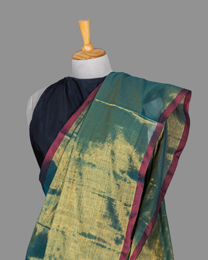 HANDLOOM COTTON TISSUE SAREEE-DARK OLIVE GREEN-SHIMMER-HANDLOOM SAREE COLLECTION | simmpli ethnicc