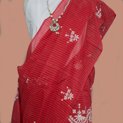 Red & white cotton Hand Embroidered Saree | simmpli ethnicc