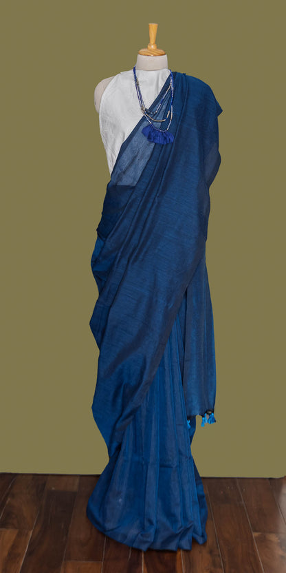 Blue Plain Color Cotton  Saree with  Tassel | simmpli ethnicc