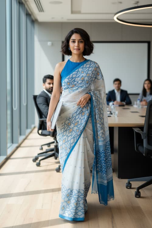 Handloom Cotton Saree – White with Mustard Pallu & Blue Zaal Border