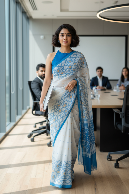 HANDLOOM COTTON SAREE-WHITE-BLUE- WOVEN ZAAL BORDER- HANDLOOM SAREE COLLECTION | simmpli ethnicc