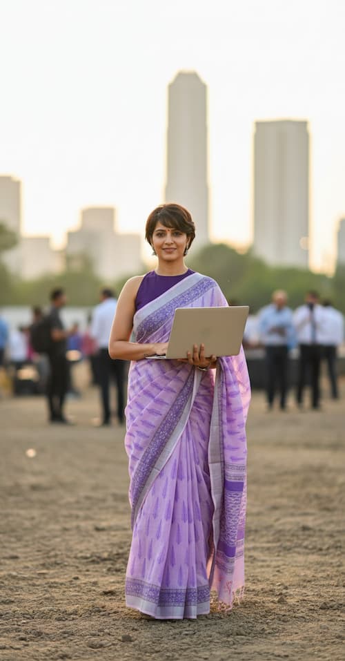 Linen Cotton saree-Purple-Block Print-Silver Border