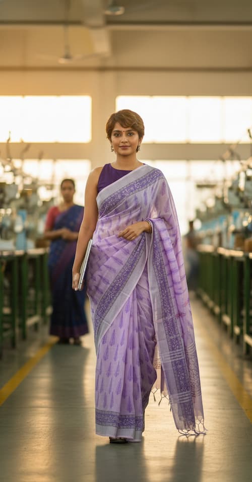 Linen Cotton saree-Purple-Block Print-Silver Border