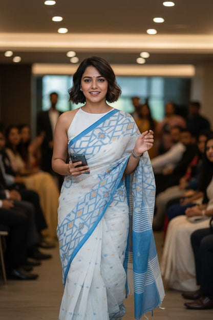 Handloom Cotton Saree – White with Mustard Pallu & Blue Zaal Border
