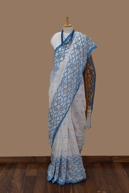 White Handloom Saree-Blue zaal Border-Mustard  Pallu 