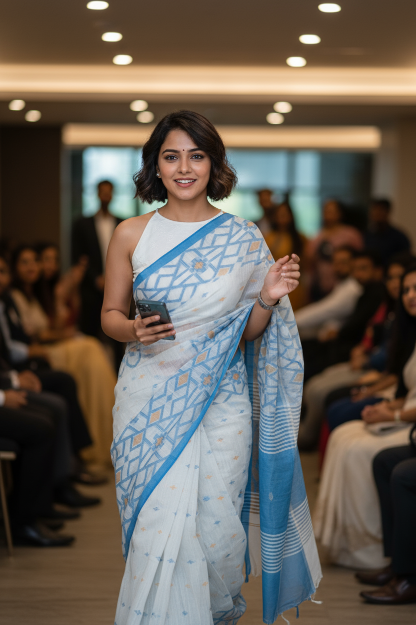 HANDLOOM COTTON SAREE-WHITE-MUSTARD YELLOW PALLU-BLUE- WOVEN ZAAL BORDER- HANDLOOM SAREE COLLECTION | simmpli ethnicc