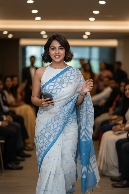 HANDLOOM COTTON SAREE-WHITE-MUSTARD YELLOW PALLU-BLUE- WOVEN ZAAL BORDER- HANDLOOM SAREE COLLECTION | simmpli ethnicc