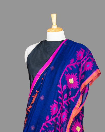 Handloom Cotton Saree-Navy Blue-Deep Pink Woven Border