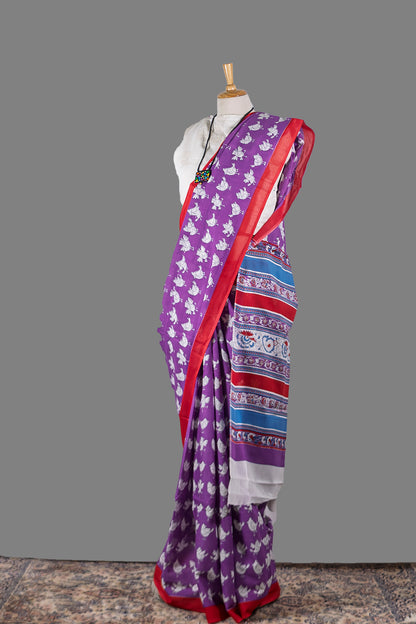 Purple Bird Print Cotton saree | simmpli ethnicc